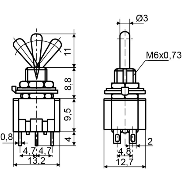 Тумблер Аско-Укрем MTS-123 (ON)-OFF-(ON) без фіксації (A0140060014) - фото №2
