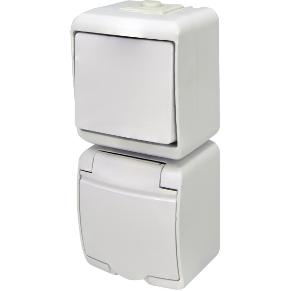 Вертикальный блок выключатель+розетка Eti Hermetics VRHP-1s с з/к белая (4668025)