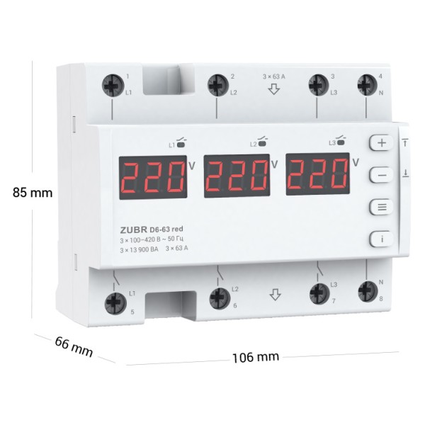 Реле контролю фаз ZUBR D6-63 red 63А (230В/380В) - фото №1