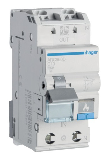 Автоматичний вимикач Hager ARC960D з дуговим захистом AFDD 6кА C 10A 1P+N