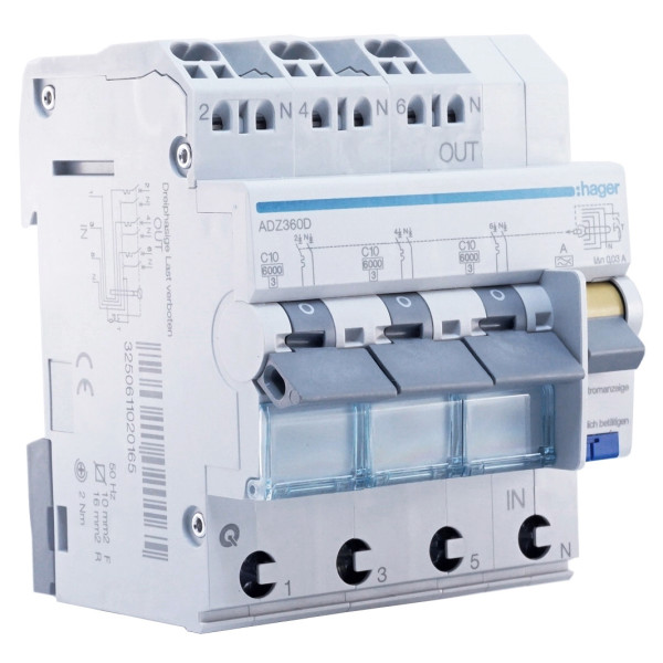 Диференціальний автоматичний вимикач Hager ADZ360D Зх(1п+N), C10А, 30мА