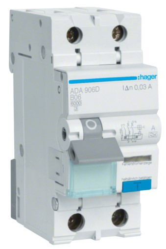 Диференційний автомат Hager ADA906D B 6A 1P+N 6кА 30мА A