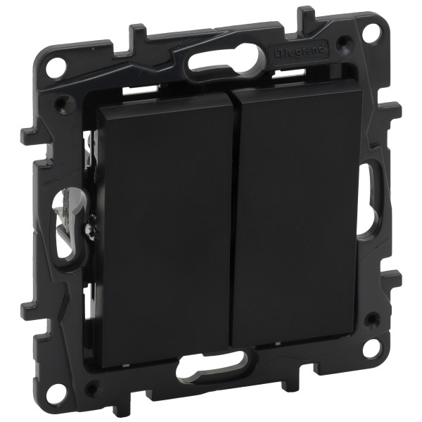 Выключатель кнопочный двухклавишный Legrand Niloe Step 6А зажимной механизм черный (863512)