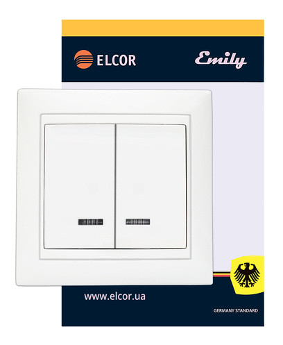 Двойной выключатель Elcor Emily 9215 (211552) с подсветкой (белый) - фото №1