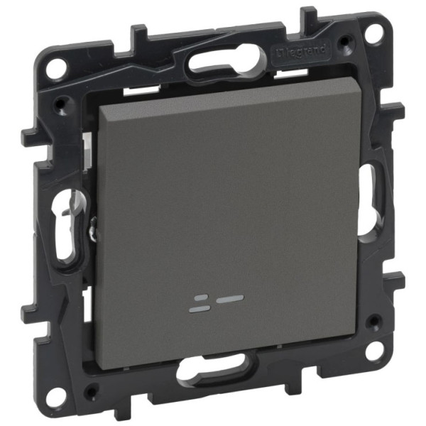 Одноклавишный выключатель Legrand Niloe Step 10А зажимной механизм с подсветкой сталь (863411)