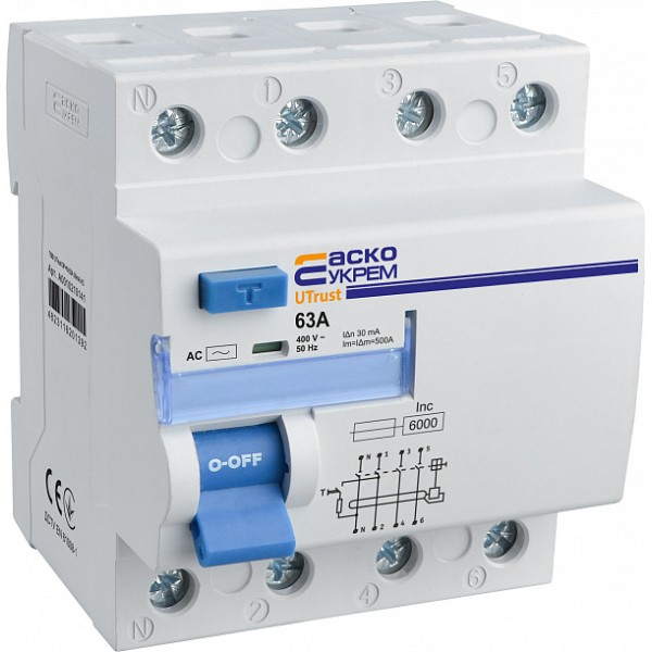 Пристрій захисного відключення Аско-Укрем UTrust 3P+N 63А 30мА АС (A0010210141) - фото №2