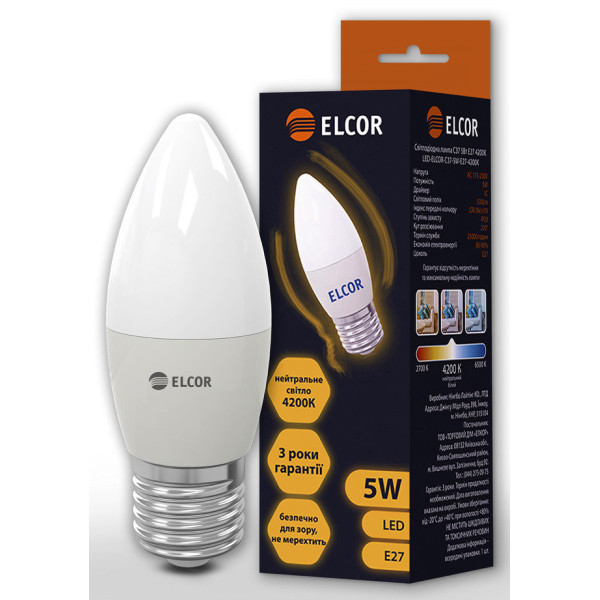 Світлодіодна LED лампа ELCOR 534301 Е27 C37 5Вт 4200К - фото №1