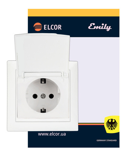 Розетка Elcor Emily 9215 (211579) с заземлением с защитными шторками с крышкой (белый) - фото №1