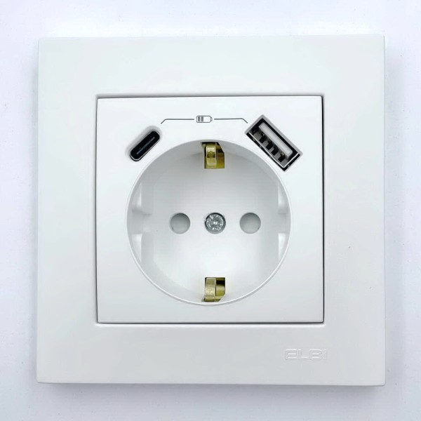Розетка EL-BI VEGA белый мат 1-я с заземлением + 2USB (Type C+A) 3A ( 510-016200-347 ) - фото №1