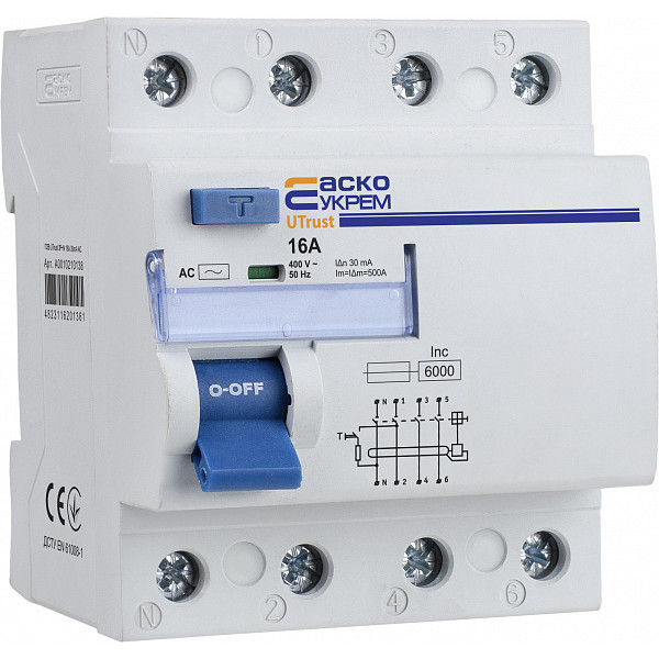 Пристрій захисного відключення Аско-Укрем UTrust 3P+N 16А 30мА АС (A0010210138)