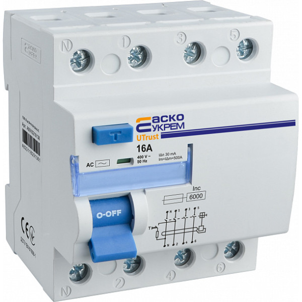 Пристрій захисного відключення Аско-Укрем UTrust 3P+N 16А 30мА АС (A0010210138) - фото №4