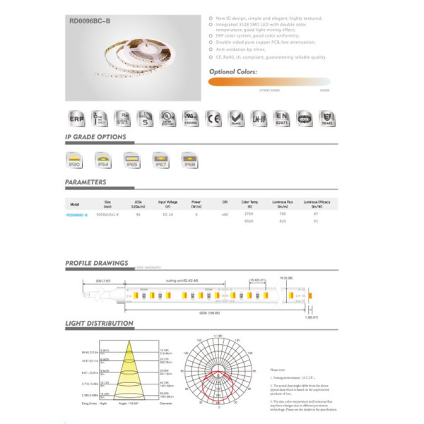 LED лента RISHANG 96-3528-24V-IP33 9W 2700K/6500K 5м (RD0096BC-B-MW) - фото №5