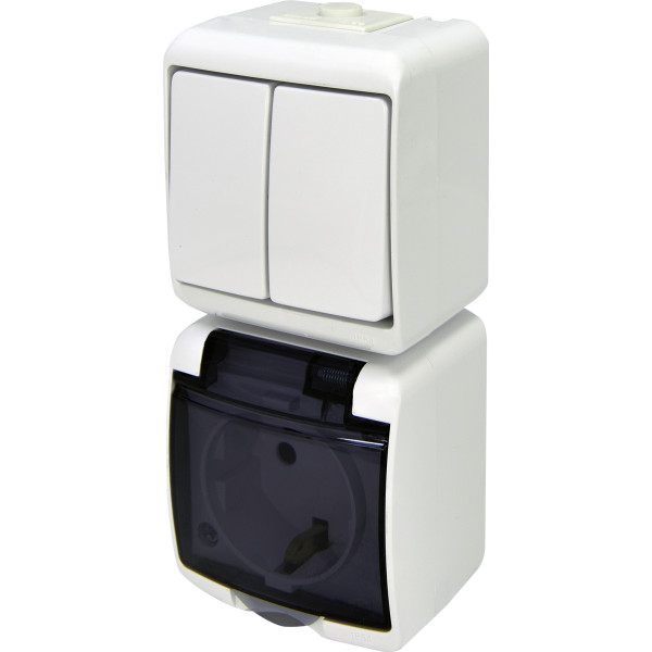 Вертикальный блок 2-клавишный выключатель+розетка Eti Hermetics VRHP-2sd с з/к белая/прозрачная крышка (4668028)