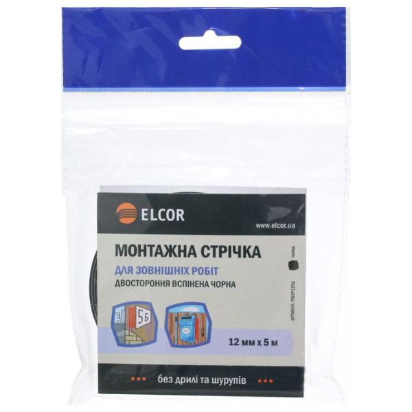 Вспененная двусторонняя лента Elcor 40206791 TRIXP125b для наружных работ 12мм (5м) черная - фото №1