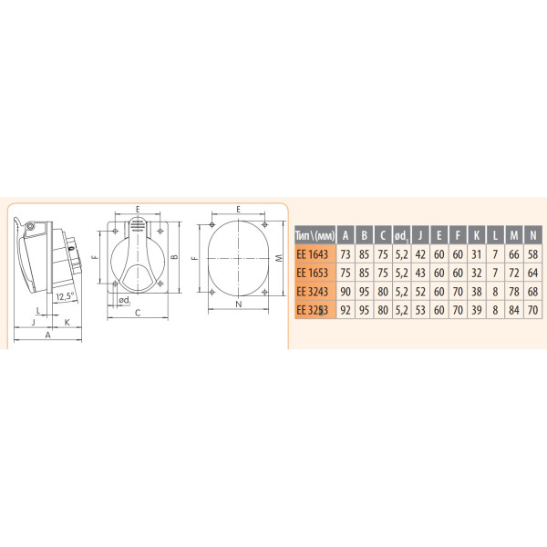 Встраиваемый силовой разъем ETI 004482081 EE-3253 IP54 (32A 400V 3P+N+PE) - фото №1