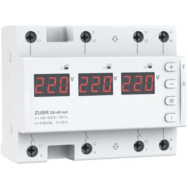 Реле контролю фаз ZUBR D6-40 red 40А (230В/380В)