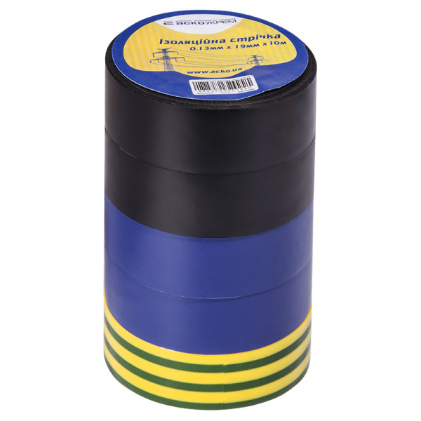 Набор изолент №4 Аско-Укрем 0,13x19мм/10м 5шт 2 черные+2 синие+1 желто-зеленая (A0150020024)