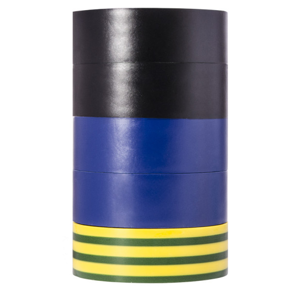 Набор изолент №4 Аско-Укрем 0,13x19мм/10м 5шт 2 черные+2 синие+1 желто-зеленая (A0150020024) - фото №1