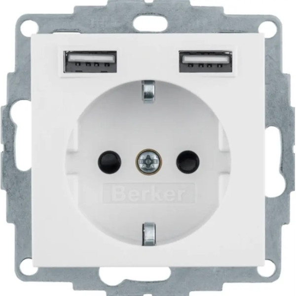 Розетка с з/к 16А/250В + 2хUSB A-A /2.4A Berker Q.x (полярная белизна)