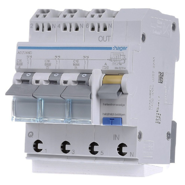Диференціальний автоматичний вимикач Hager ADZ366D Зх(1п+N), C16А, 30мА