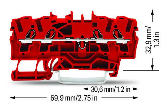 Проходная клемма Wago 2002-1403 2,5мм² Eх e II DIN-рейки 35х15 и 35х7,5 (красная) - фото №1