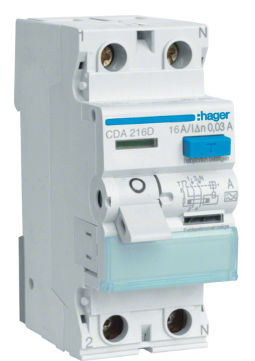 Пристрій захисного відключення Hager CDA216D 16A 30мА 6кА тип A 2P