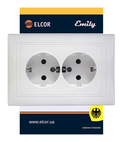 Двойная розетка Elcor Emily 9215 (211570) с заземлением (белый) - фото №1
