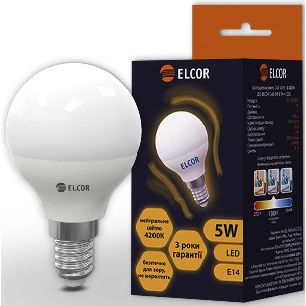 Светодиодная LED лампа ELCOR 534302 Е14 G45 5Вт 4200K - фото №1