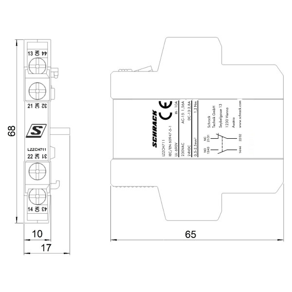 Бічний додатковий контакт Schrack LZZCH711 1НO+1НЗ для Cubico Classic - фото №1