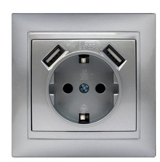 Розетка Elcor Emily 9215 (211596) с заземлением с 2 USB (серый металлик)