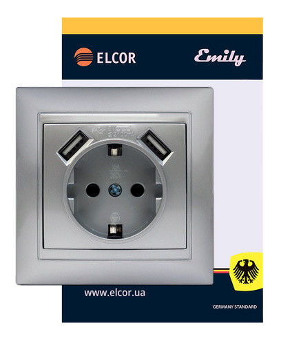 Розетка Elcor Emily 9215 (211596) с заземлением с 2 USB (серый металлик) - фото №1