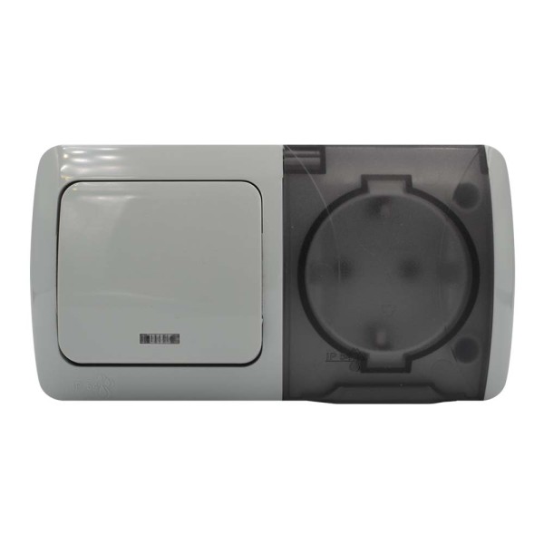 Выключатель EVA серый 1кл с подсветкой + Розетка с заземлением с крышкой IP54 ( 554-011500-921 )