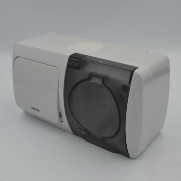 Выключатель EVA серый 1кл с подсветкой + Розетка с заземлением с крышкой IP54 ( 554-011500-921 ) - фото №2