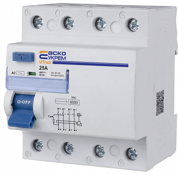 Пристрій захисного відключення Аско-Укрем UTrust 3P+N 25А 30мА АС (A0010210139) - фото №5