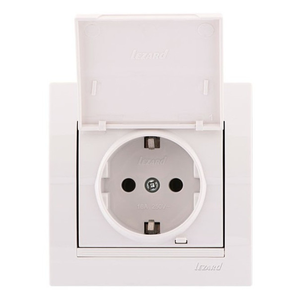 Розетка с з/к, с крышкой, белая, Deriy, Lezard