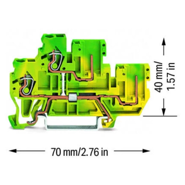 Двухуровневая клемма Wago 870-107 с штырьковым выводом и заземлением PE - фото №1