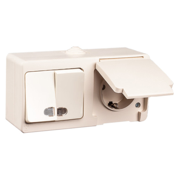 Блок выключатель 2-клавишный с подсветкой + розетка Gunsan Nemli крем