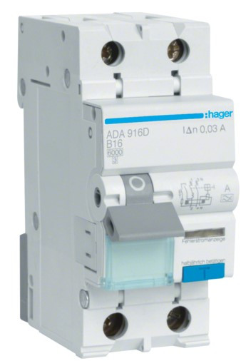 Диференційний автомат Hager ADA916D B 16A 1P+N 6кА 30мА A