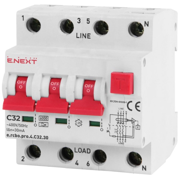 Вимикач диференційного струму E.Next e.rcbo.pro.4.C32.30 3P+N 32А С тип А 30мА (p0720017)