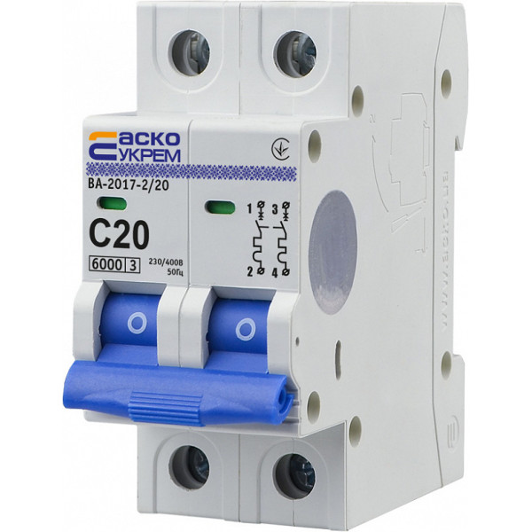 Модульный автоматический выключатель Аско-Укрем ВА-2017/C 2р 20А (A0010170013) - фото №3