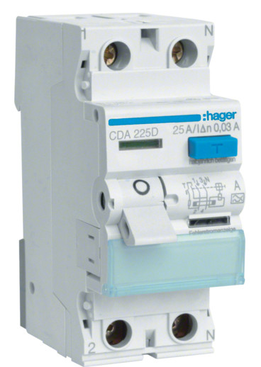 Пристрій захисного відключення Hager CDA225D 25A 30мА 6кА тип A 2P