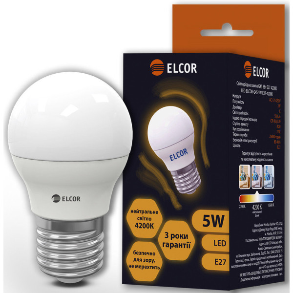 Світлодіодна LED лампа ELCOR 534303 Е27 G45 5Вт 4200K - фото №1