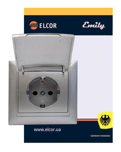 Розетка Elcor Emily 9215 (211581) із заземленням із захисними шторками з кришкою (сірий металік) - фото №1