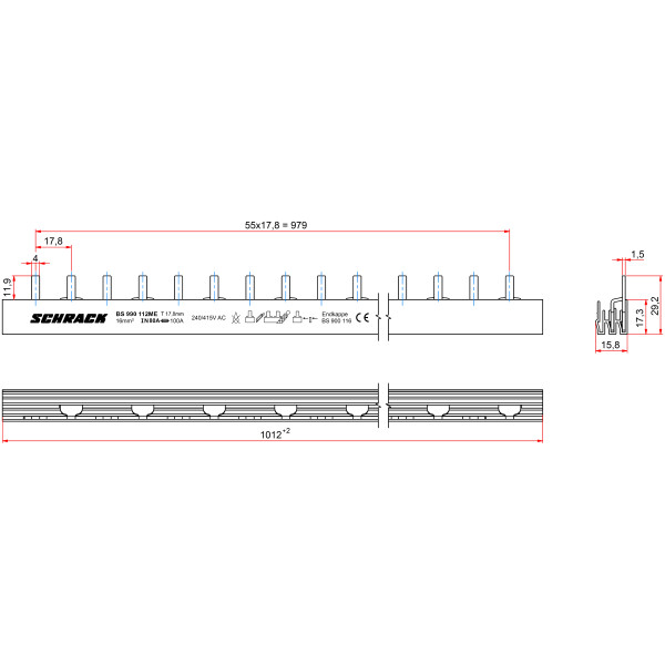 Необламываемая штырьковая сборная шина Schrack BS990112ME 2P 16мм² - фото №1