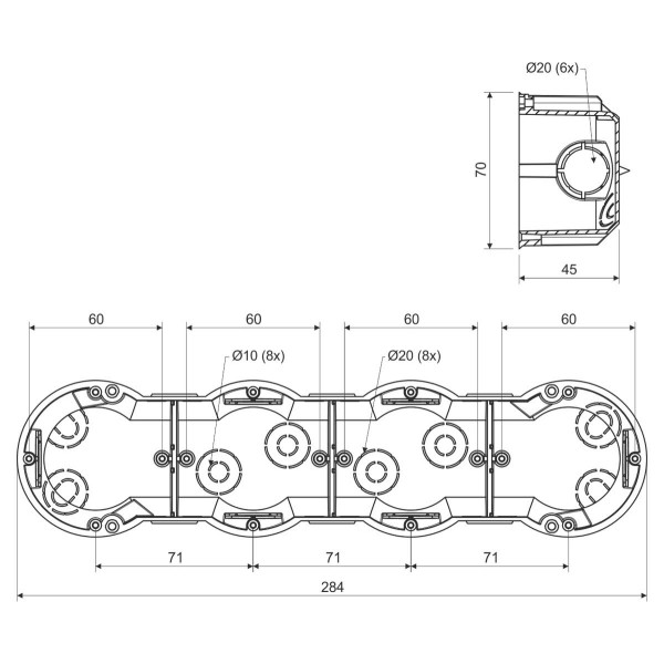 Установочная коробка четырехкратная Kopos 285х70х45мм - фото №1