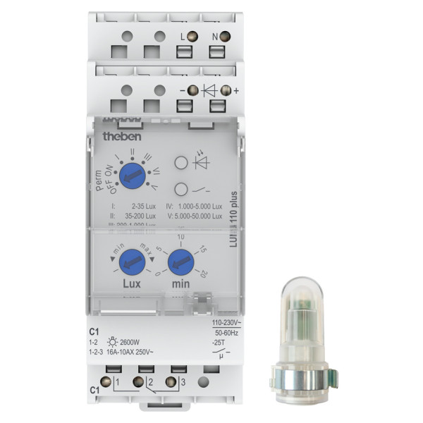 Сутінкове реле на DIN-рейку Theben Luna 110 plus AL 2-50000Лк з виносним датчиком