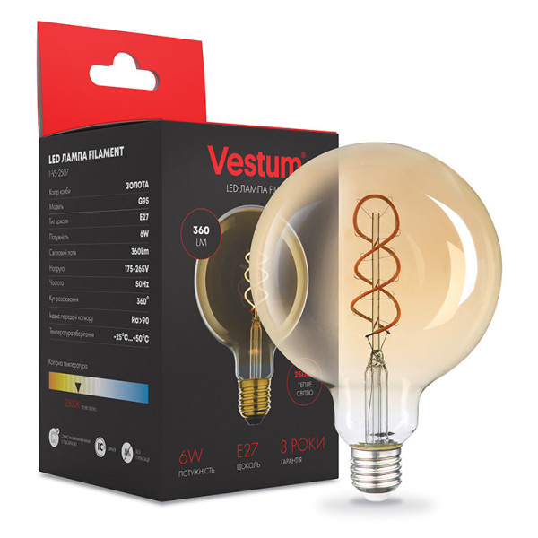 Филаментная лампа Vestum 1-VS-2507 «винтаж» Golden Twist G95 6Вт 2500K E27 - фото №1