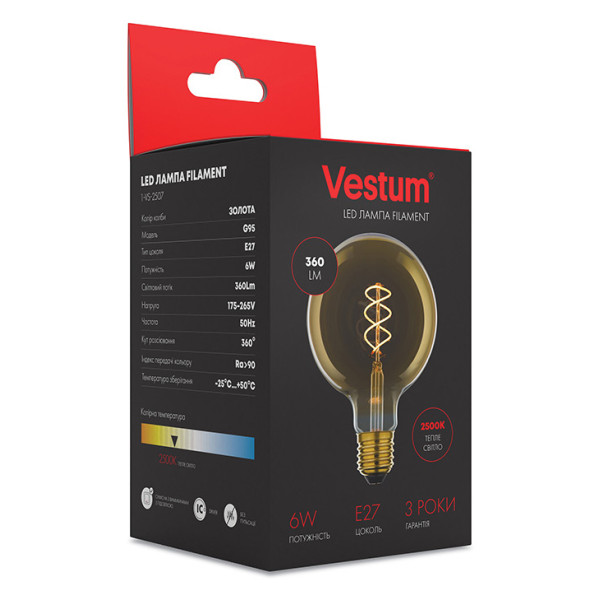 Филаментная лампа Vestum 1-VS-2507 «винтаж» Golden Twist G95 6Вт 2500K E27 - фото №2