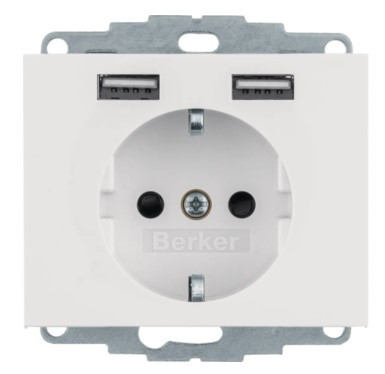 Розетка с з/к 16А/250В + 2хUSB A-A /2.4A Berker K.1 (полярная белизна)
