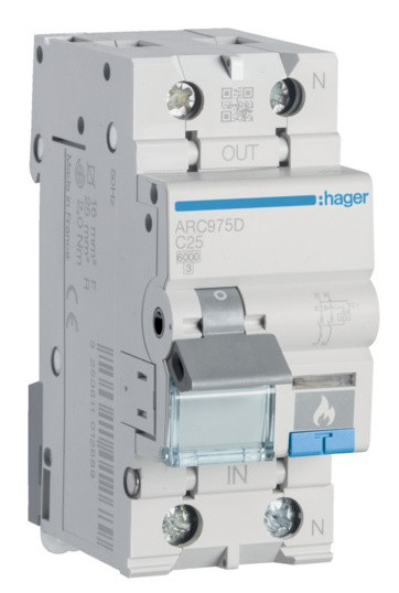 Автоматичний вимикач Hager ARC975D з дуговим захистом AFDD 6кА C 25A 1P+N